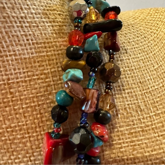Multi-color Genuine Gemstone & Acrylic Bead Necklace, multistrand red blue brown - Picture 5 of 11